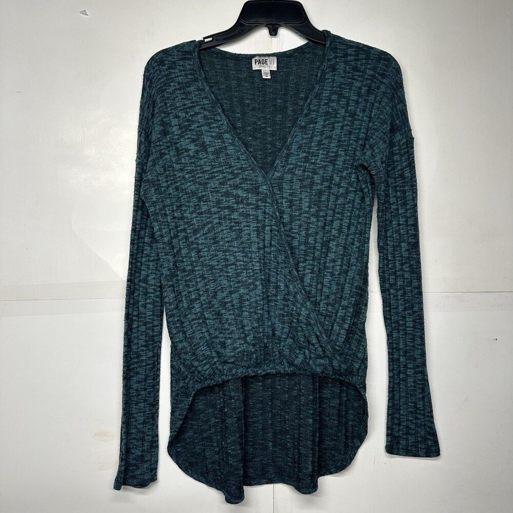 PAGE VI Women’s Long Sleeve Surplice High-Low Top Size M Teal Textured Knit